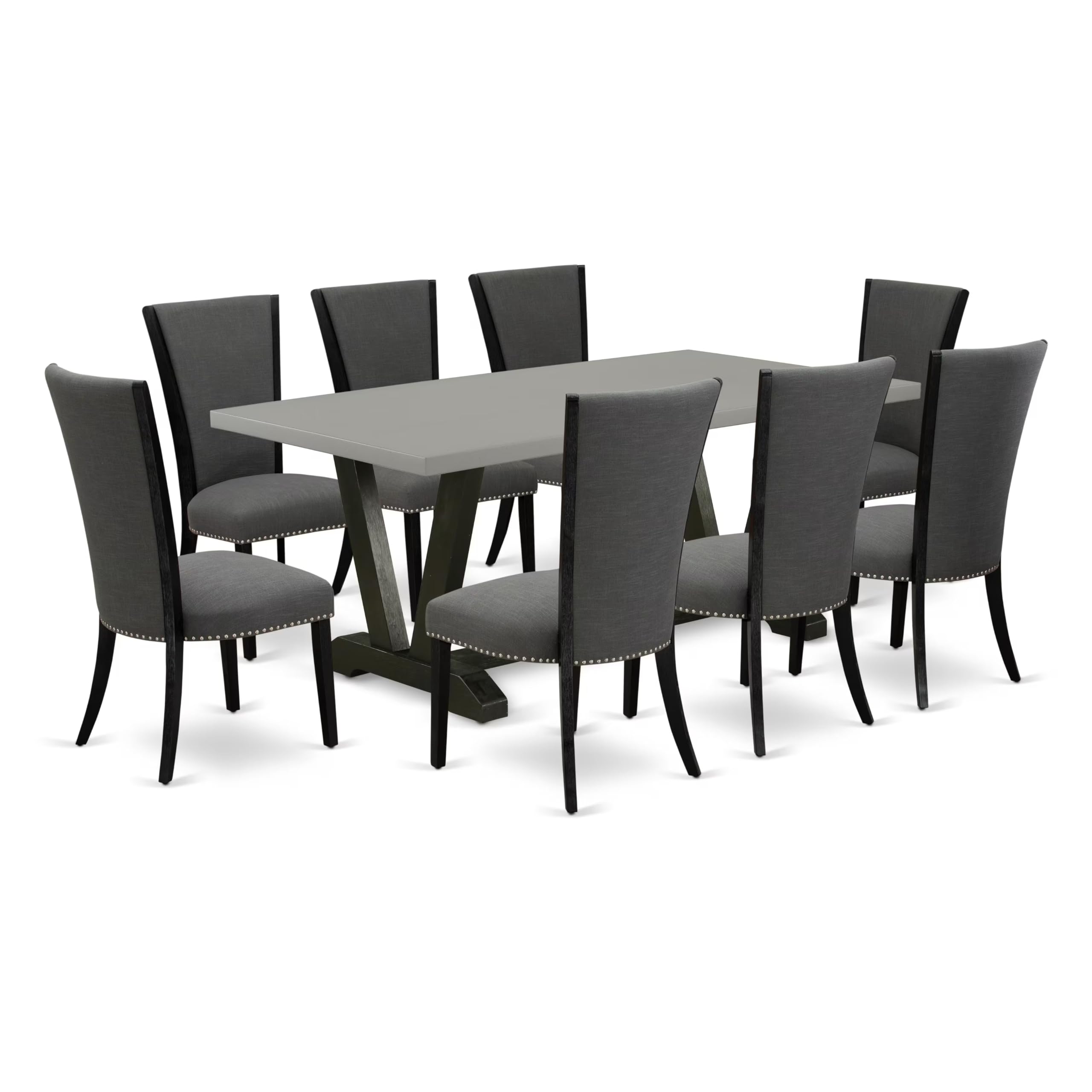 East West Furniture V697Ve650-9 9 Piece Dining Table Set Includes A Rectangle Dining Room Table With V-Legs And 8 Dark Gotham Linen Fabric Upholstered Chairs, 40X72 Inch, Multi-Color